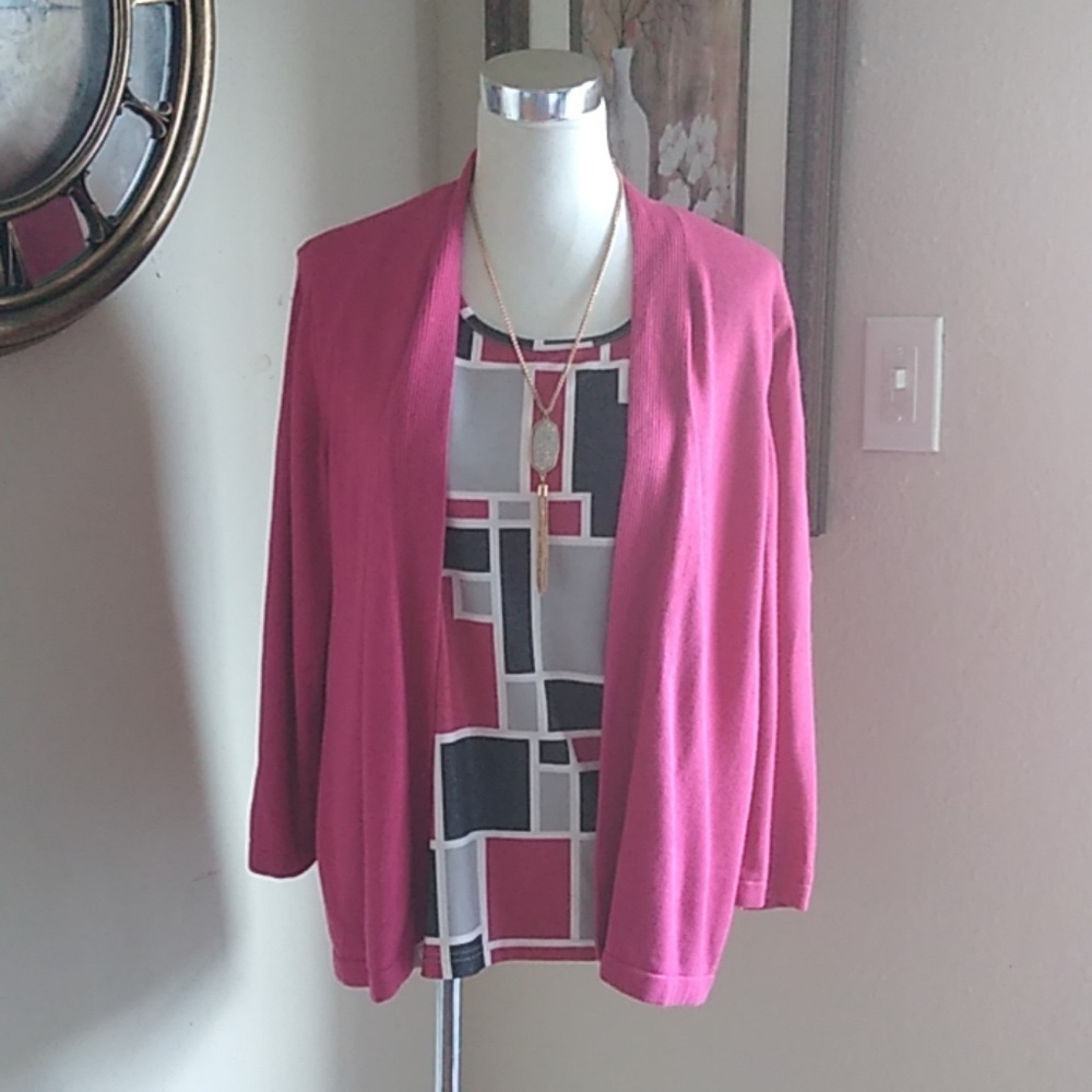 Alfred Dunner Cranberry Red Grey & Black 2Fer Open Cardigan Sweater XL